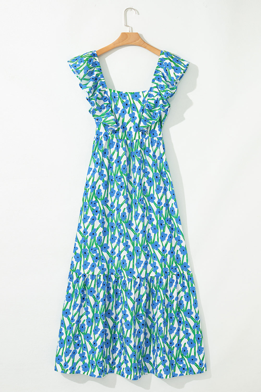 Pink Floral Square Neck Ruffle Sleeve Maxi Dress
