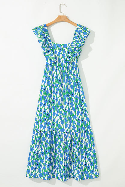 Pink Floral Square Neck Ruffle Sleeve Maxi Dress