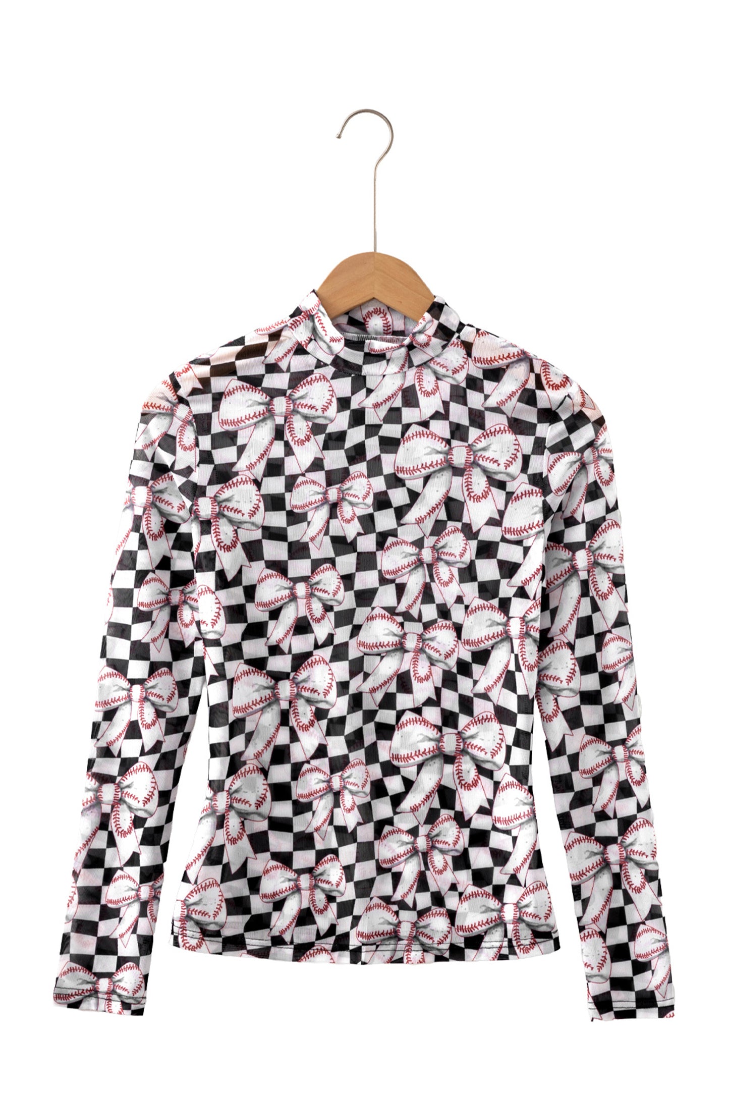 Black Game Day Baseball Bow Plaid Mock Neck Top