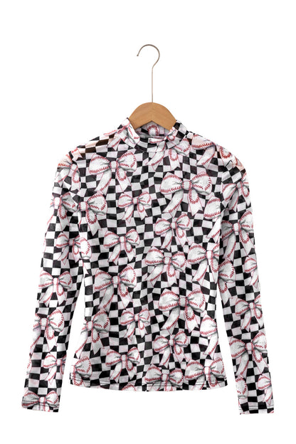 Black Game Day Baseball Bow Plaid Mock Neck Top