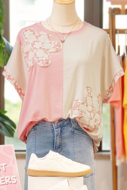 Women Color Block Flower Applique Casual T Shirt