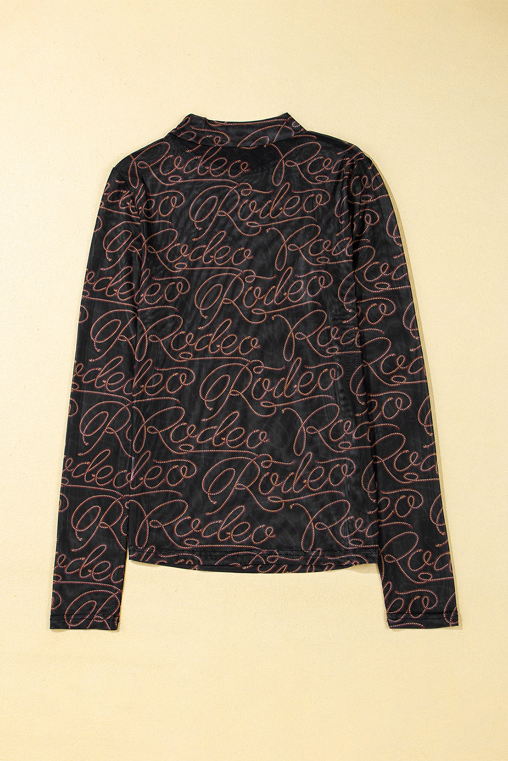 Black Western Rodeo Print Mesh Mock Neck Top