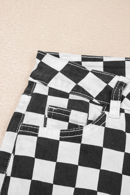 Checkerboard Distressed Cropped Jeans Raw Hem Pants
