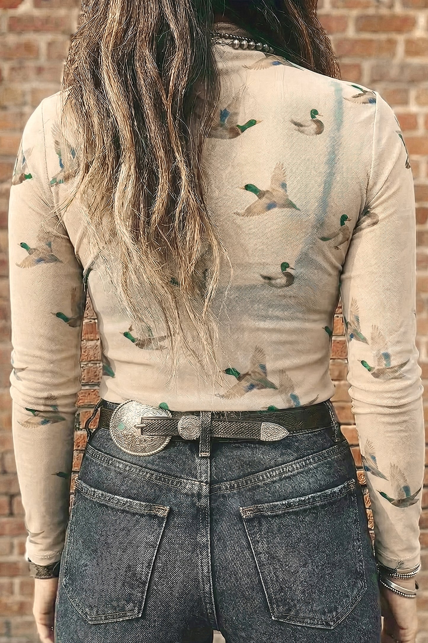Western Duck Print Mesh Mock Neck Top for Women
