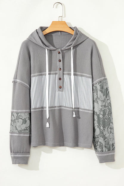 Cinnamon Waffle Printed Patchwork Drawstring Hooded Long Sleeve Top