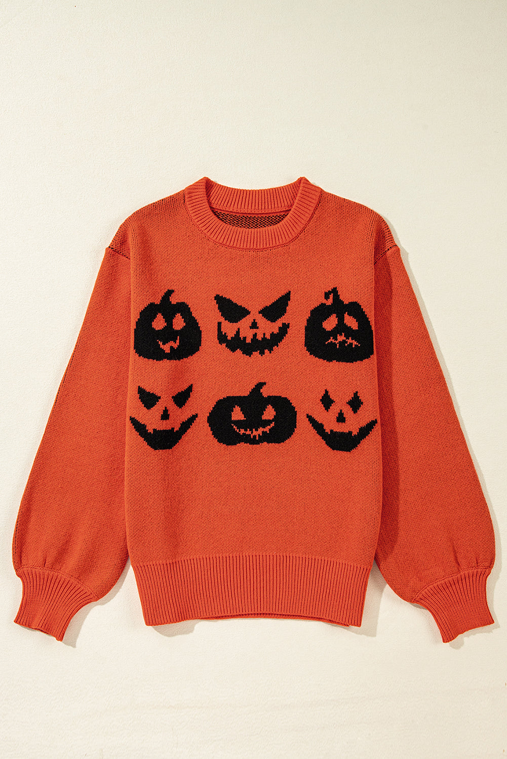 Orange Halloween Pumpkin Face Pattern Drop Shoulder Sweater