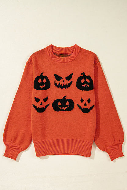 Orange Halloween Pumpkin Face Pattern Drop Shoulder Sweater