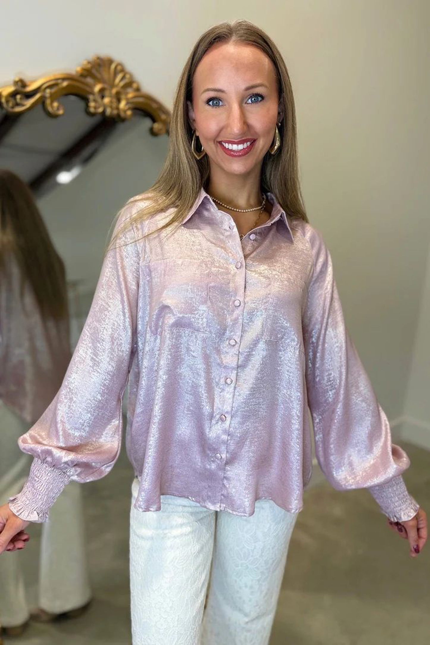 Delicacy Metallic Button Down Satin Blouse with Smocked Cuffs