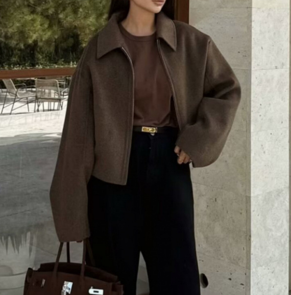Women's Cropped Zip-Up Collared Jacket Vintage Casual