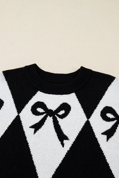 Black White Bow Argyle Knit Oversized Sweater