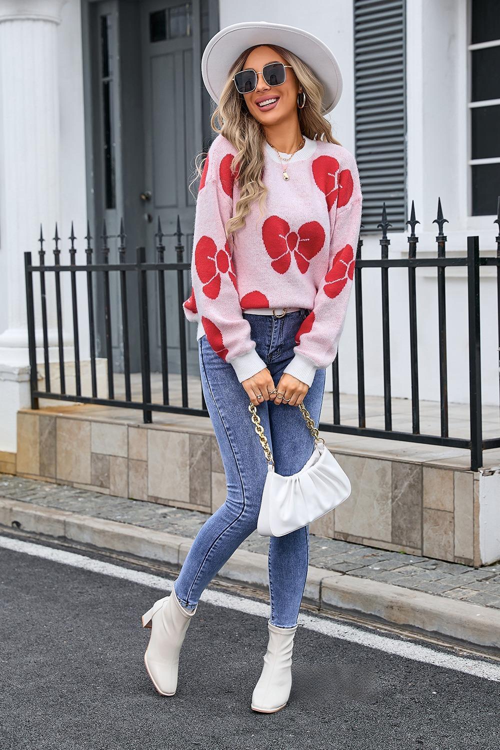Oversized Bow Knit Sweater - Pink Pullover for Women