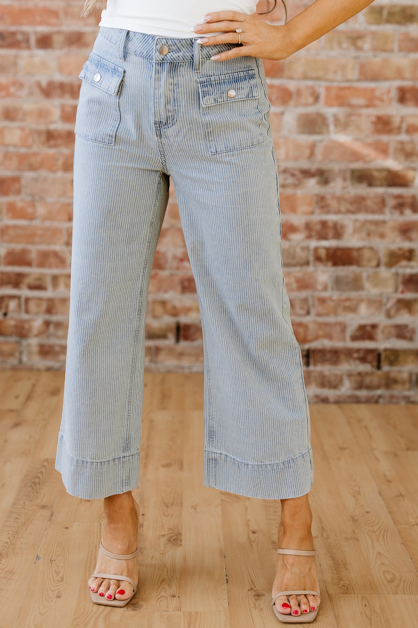 Sky Blue Pinstripe Wide Leg Jeans with Button Flap Pockets