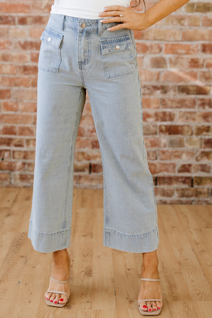 Sky Blue Pinstripe Wide Leg Jeans with Button Flap Pockets