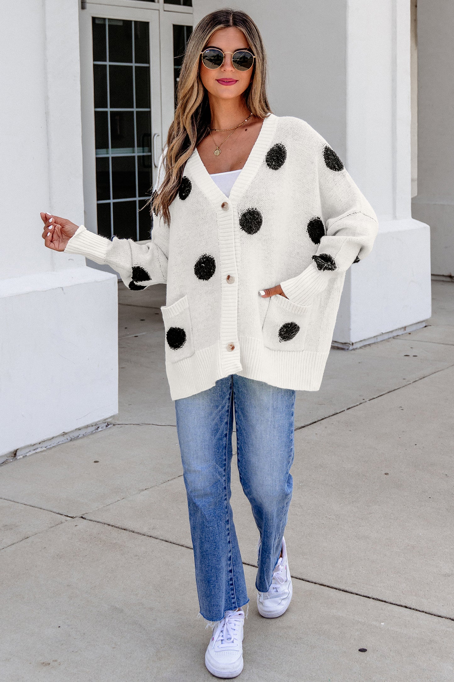 Polka Dot Oversized V Neck Knit Cardigan Sweater