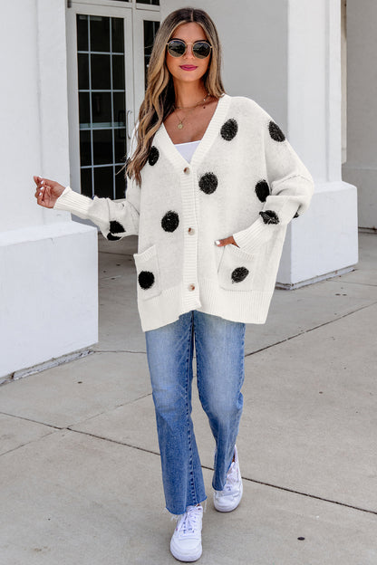 Polka Dot Oversized V Neck Knit Cardigan Sweater