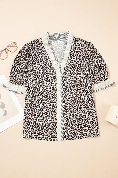 Leopard Print V Neck Blouse with Striped Ruffle Trim