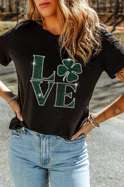 Black Rhinestone Clover LOVE St Patrick’s Day Graphic Tee