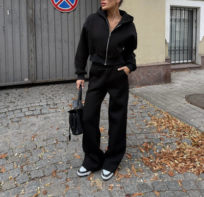 Women's 2 Piece Cropped Zip Hoodie Wide Leg Sweatpants Set