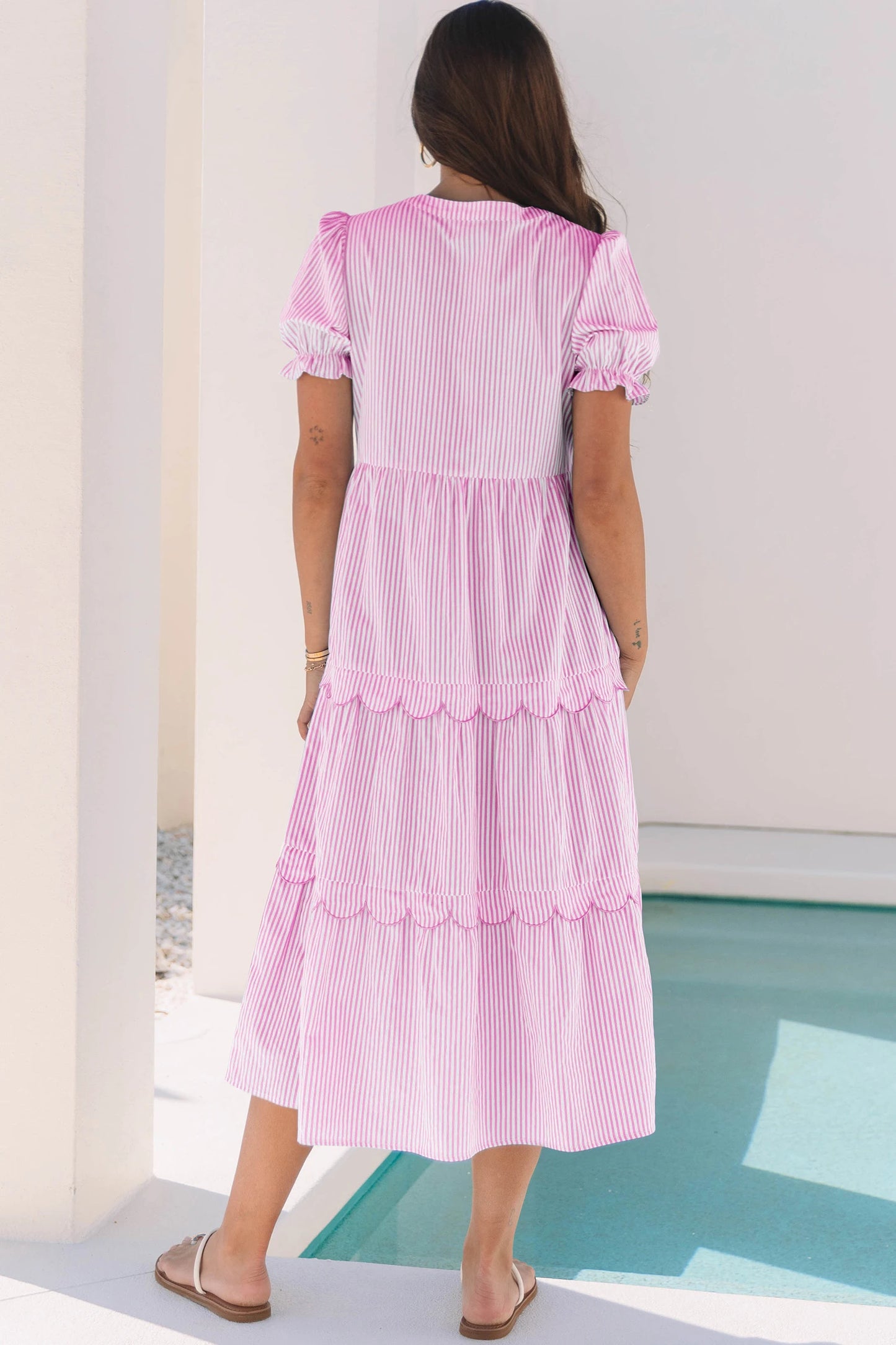 Solid Tiered Maxi Dress Puff Sleeve V Neck Casual