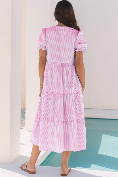 Solid Tiered Maxi Dress Puff Sleeve V Neck Casual