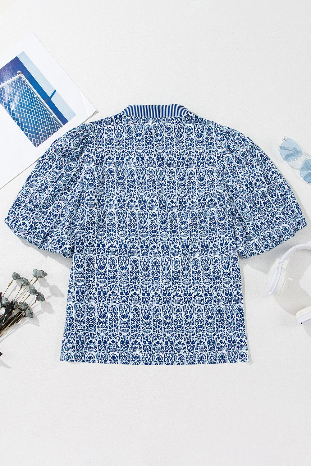 Blue Floral Contrast Puff Sleeve Notch Neck Top