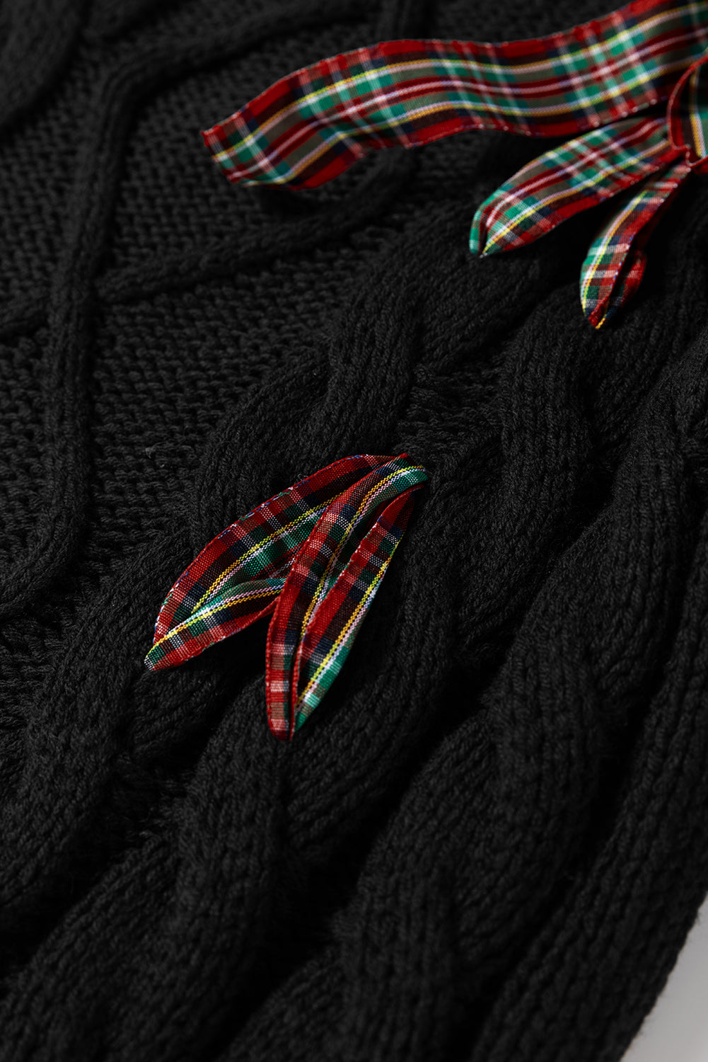 Red Plaid Bow Lace Up Cable Knit Short Sleeve Holiday Sweater
