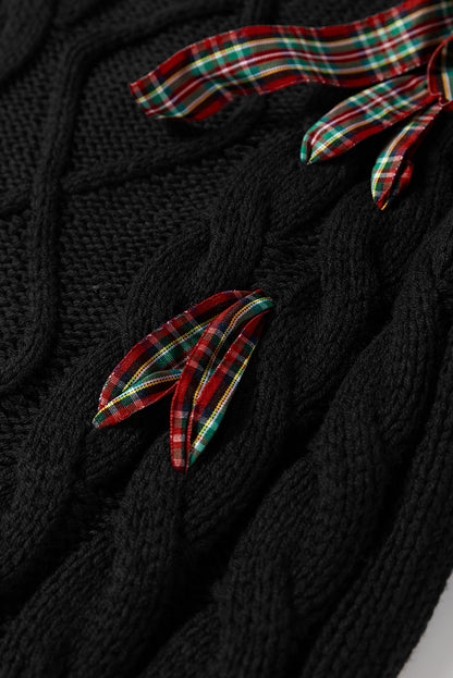 Red Plaid Bow Lace Up Cable Knit Short Sleeve Holiday Sweater