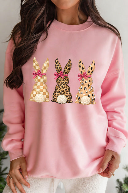 Easter Leopard Checkered Bunny Graphic Pink Sweatshirt