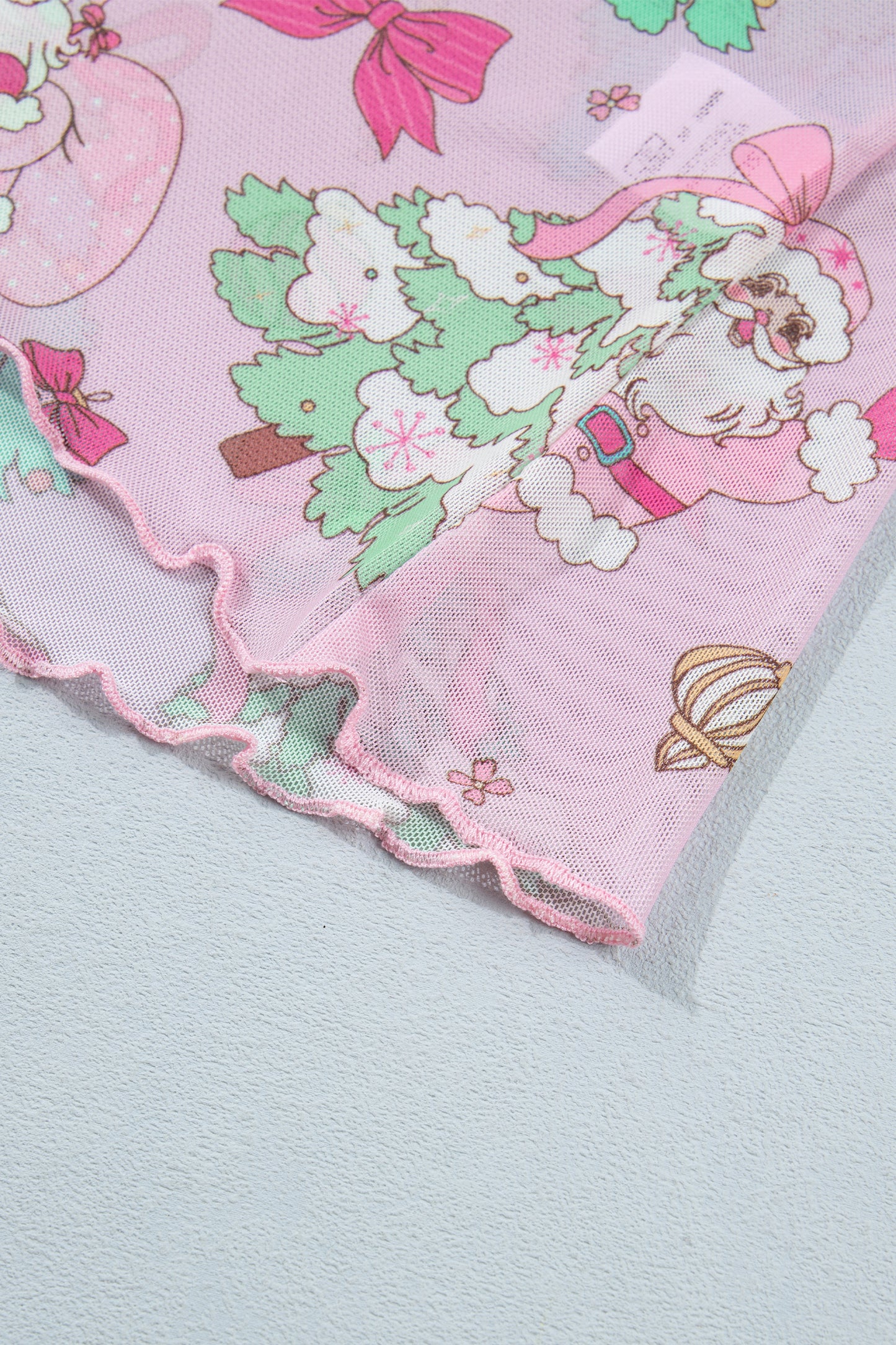 Pink Christmas Print Mock Neck Mesh Long Sleeve Top