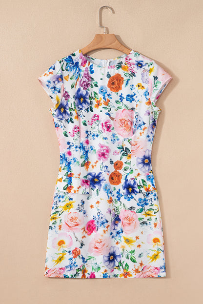 Easter Floral Cap Sleeve Crew Neck Mini Dress