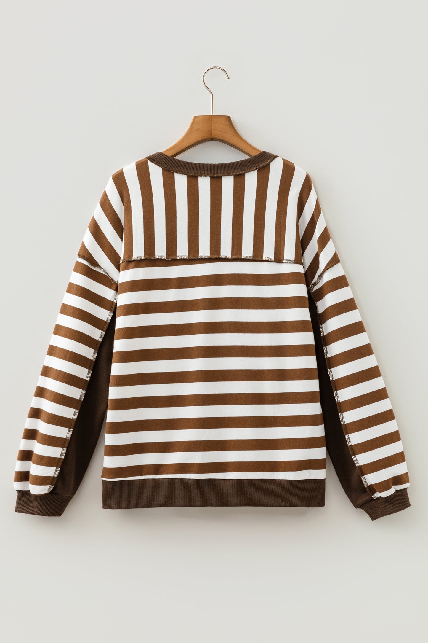 Brown Stripe Henley Button Placket Colorblock Sweatshirt Top