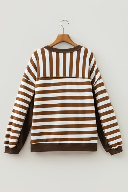 Brown Stripe Henley Button Placket Colorblock Sweatshirt Top