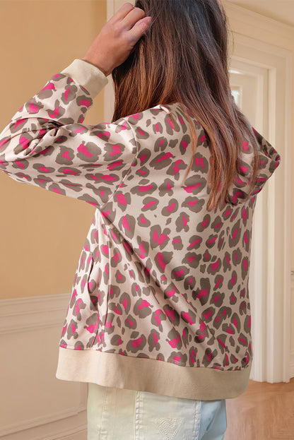 Rose Leopard Print Zip Up Hoodie with Pockets