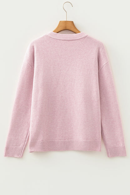 Valentine Pink Love Script Corded Knit Sweater
