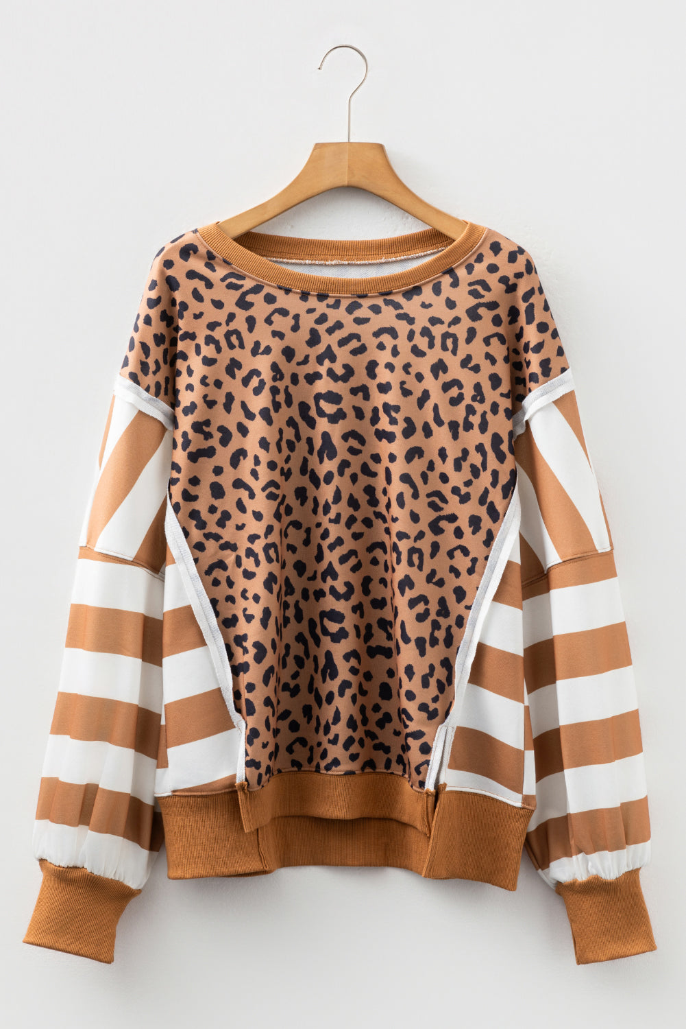 Khaki Stripe Colorblock Leopard Oversized Sweatshirt