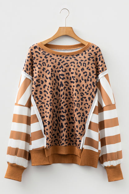 Khaki Stripe Colorblock Leopard Oversized Sweatshirt