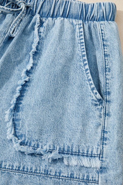 Frayed Edge Elastic Waist Drawstring Denim Shorts