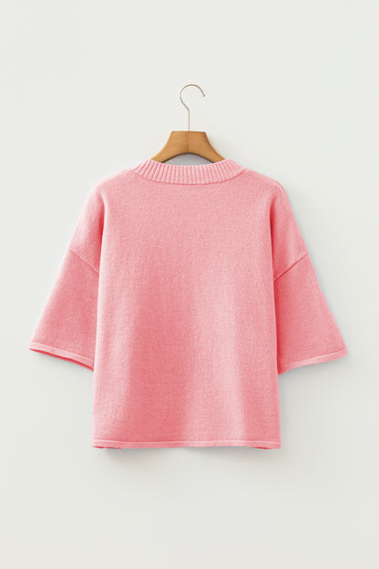 Soft Knit Boxy Cardigan 3/4 Sleeve Button Front