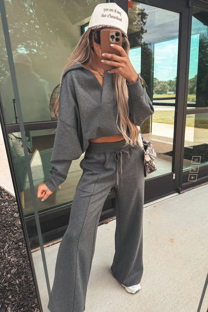 V Neck Collared Sweatshirt and Sweatpants Lounge Set