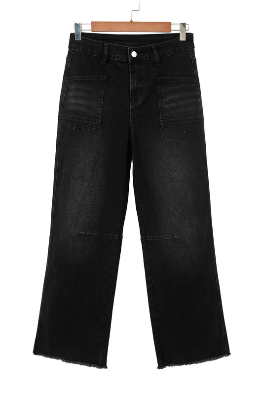 High Waisted Cropped Straight Leg Jeans Raw Hem Denim