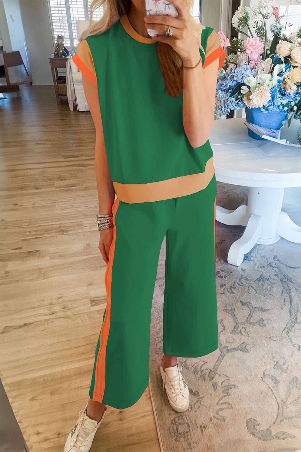 Navy Color Block Lounge Set Wide Leg Pants 2 Piece