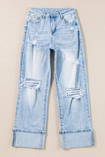 Light Wash Distressed Straight Leg Jeans Raw Hem Denim