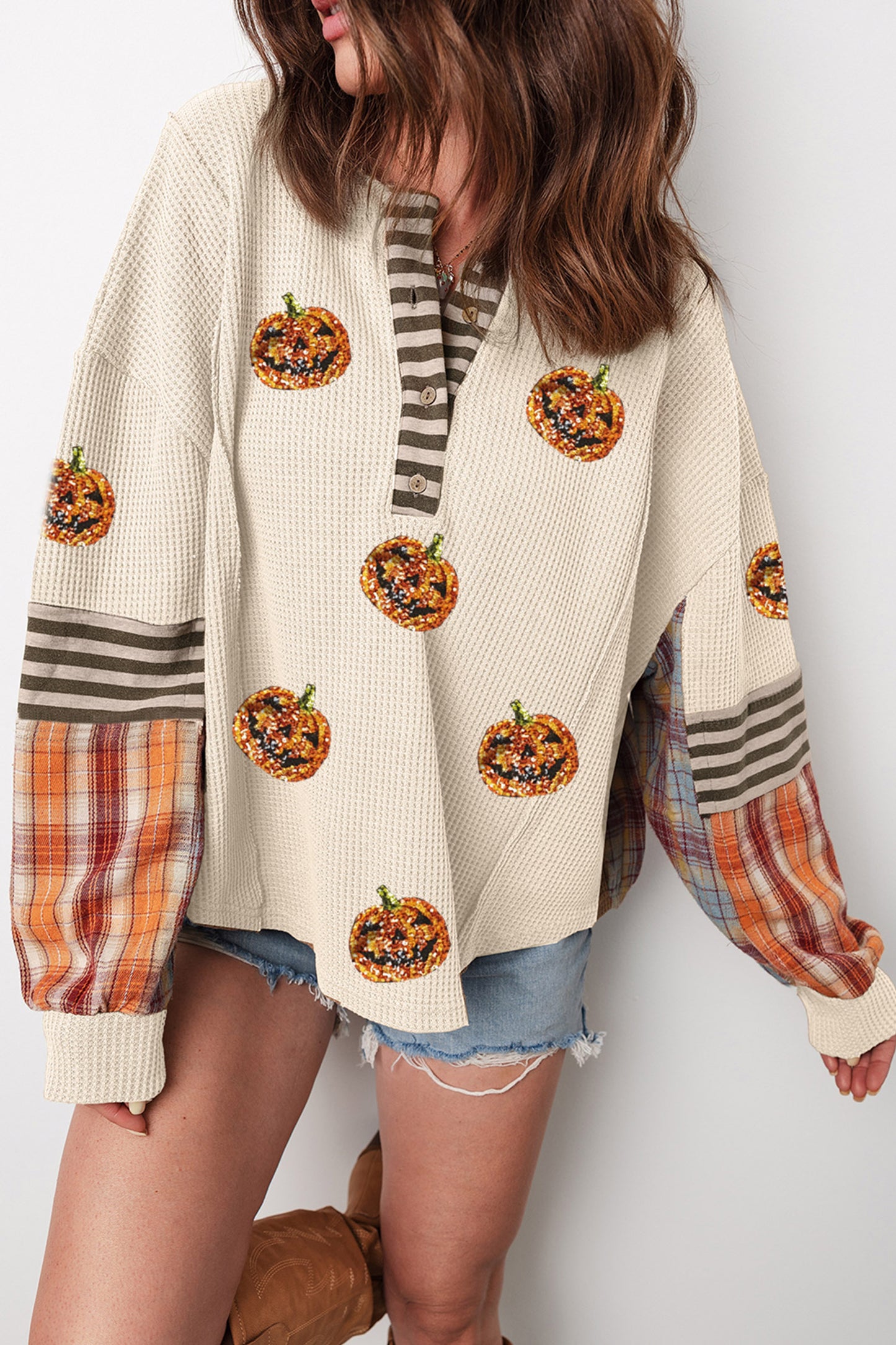 Sequin Pumpkin Waffle Henley Plaid Sleeve Halloween Top