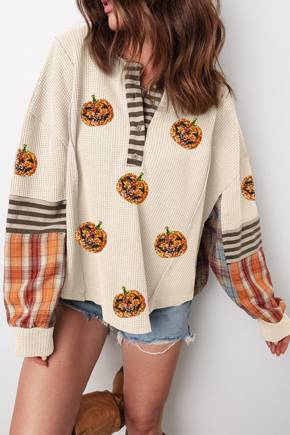 Sequin Pumpkin Waffle Henley Plaid Sleeve Halloween Top