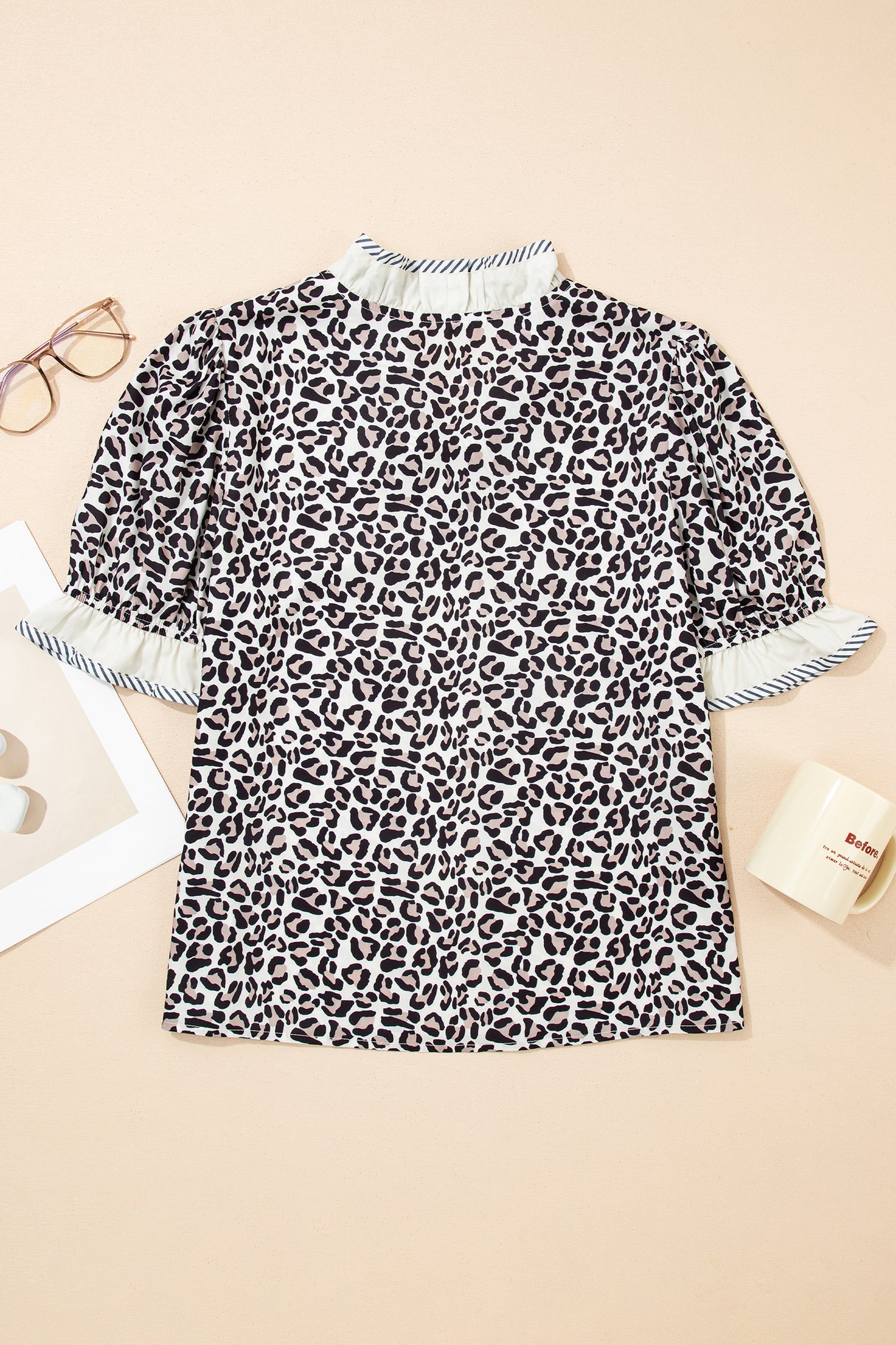 Leopard Print V Neck Blouse with Striped Ruffle Trim