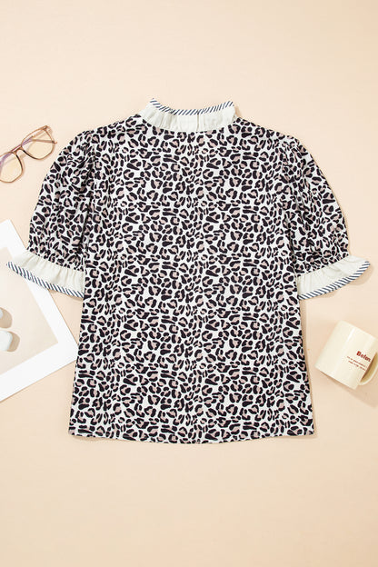 Leopard Print V Neck Blouse with Striped Ruffle Trim