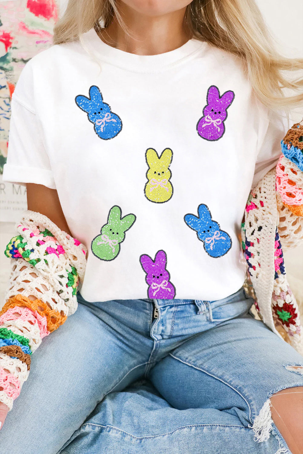 Easter Colorful Sequin Bunny Graphic White Casual Tee