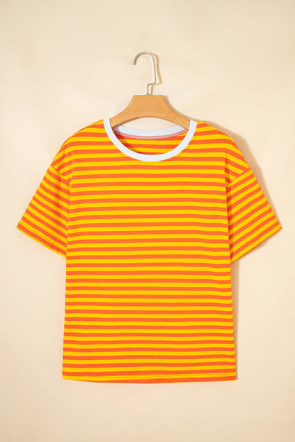 Sky Blue Striped Contrast Neck Drop Shoulder Loose Tee