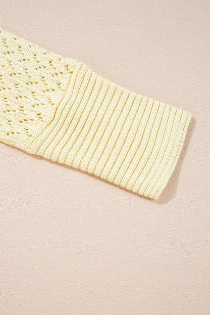 Yellow Cream Pointelle Knit Open Front Short Cardigan