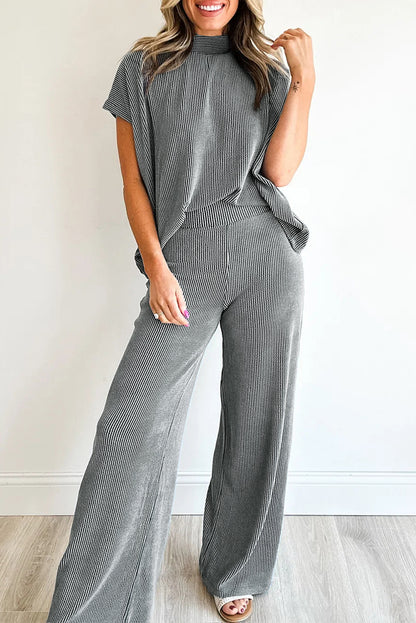 Burgundy Ribbed High Neck Tee Wide Leg Pant Set
